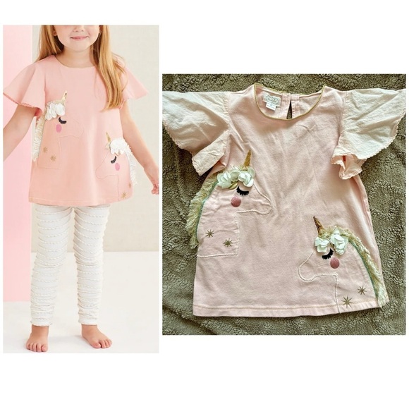 Mud Pie Other - 🦄 Mud Pie Unicorn Pocket Dress | Pink Ruffle Sleeve | Size 4T